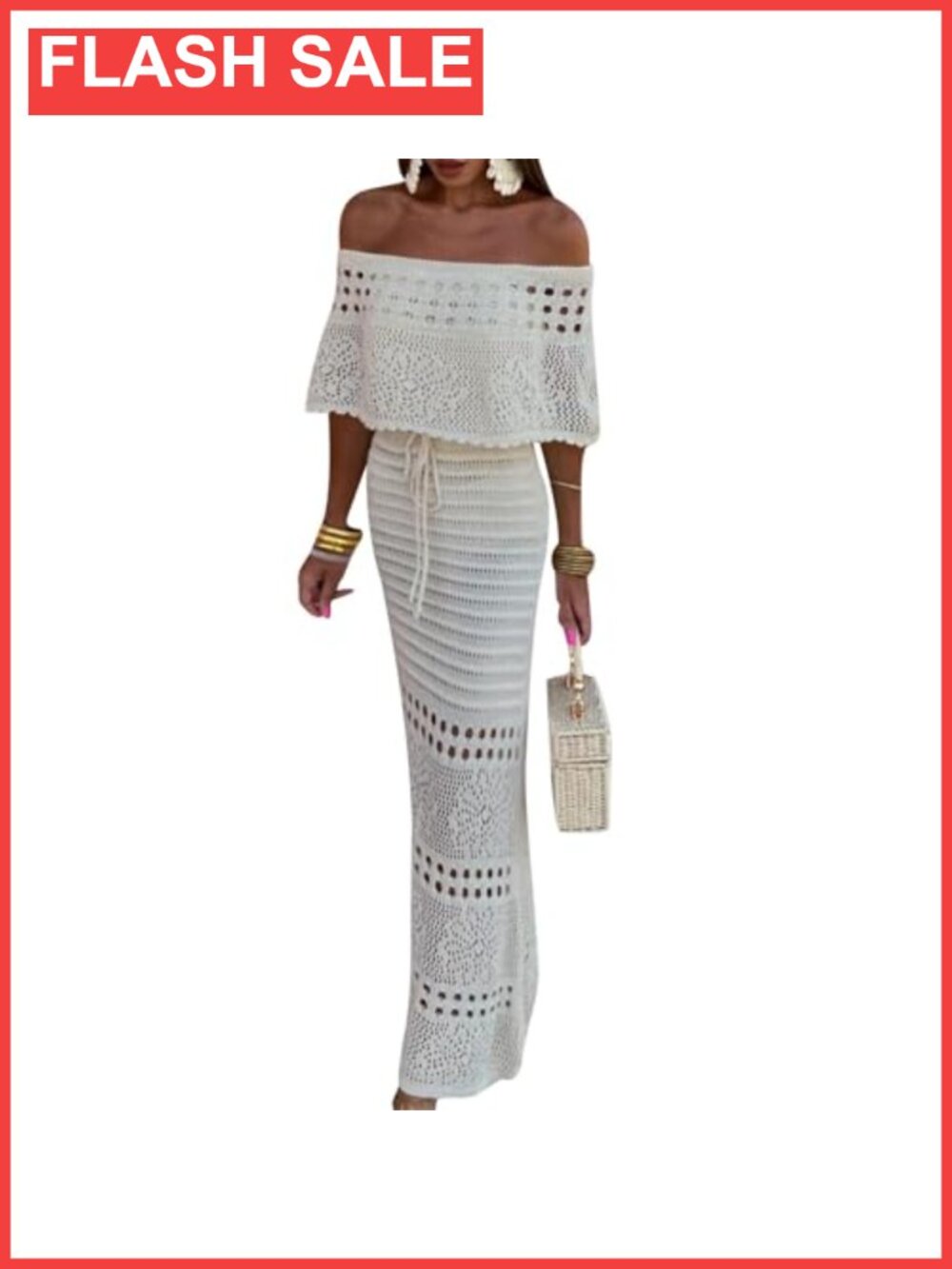 Off Shoulder Knit Maxi Dress Hollow Out Crochet Beach Summer Sundress